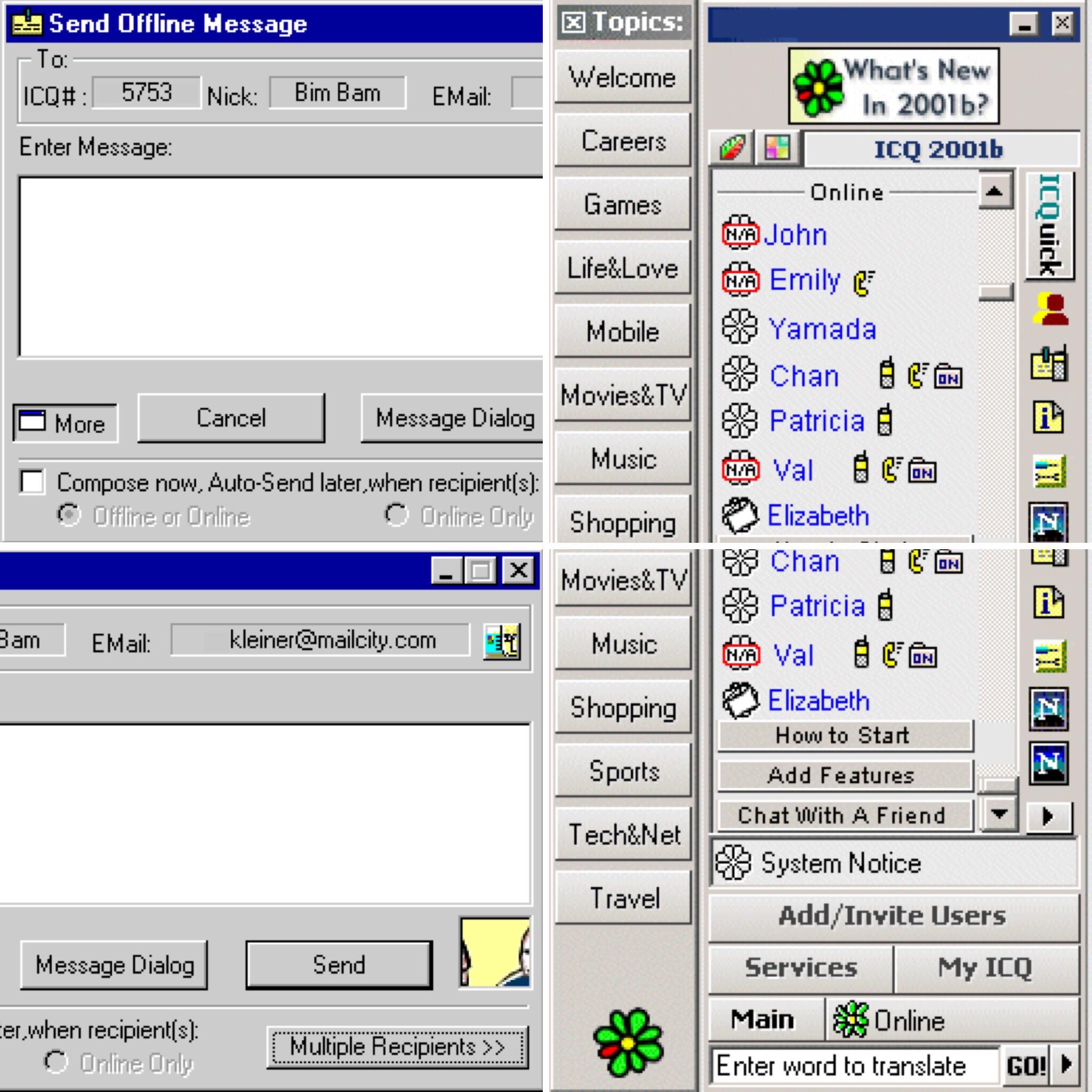 Screenshot of ICQ interface, version marked 2001b.